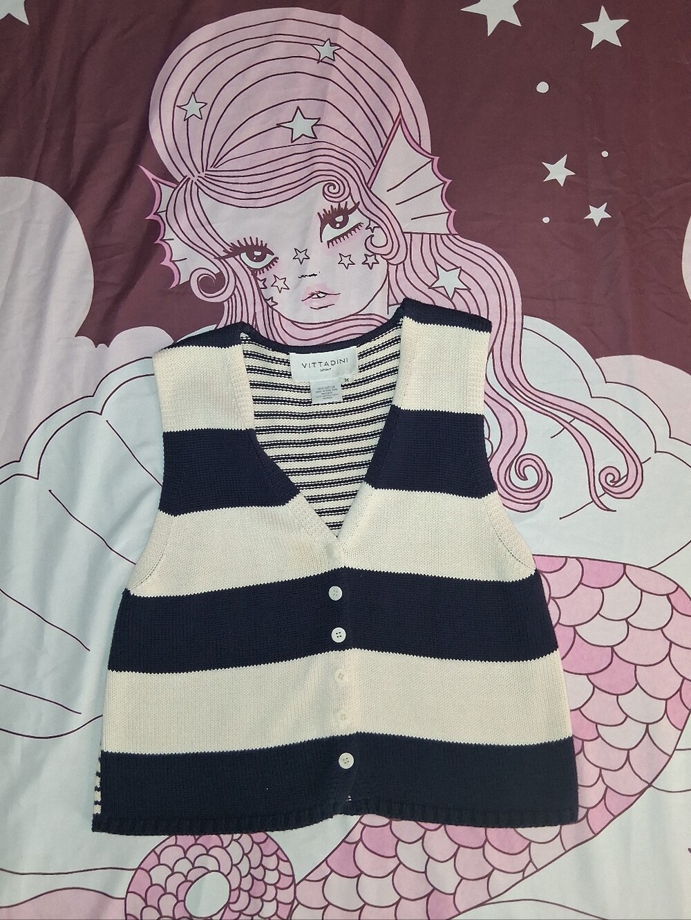 VTG Adiranne Vittadini Striped Navy and Cream Sweater Vest